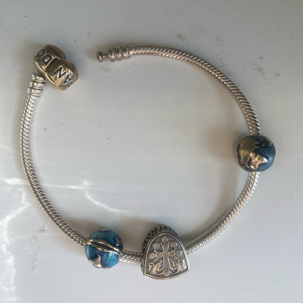 Pandora Snake Sterling Silver Bracelet with 3 Charms